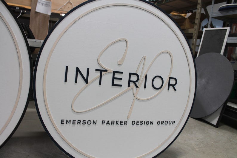 Custom Sign Round Business Interior Designer Group Commerical Signage Made to Order Logo Circle Wooden Handmade Raised Text Home Minimalist image 3