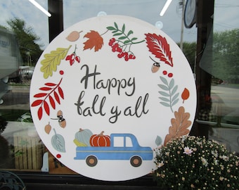 Hello Fall Little Blue Truck Pumpkin Leaves Autumn Handmade Decor Color Cute Door Sign Wooden Circle Round Sign Multiple Sizes Acorns Rustic
