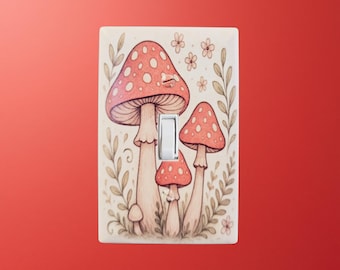 Red Mushroom Light Switch Cover – Whimsical Toadstool and Floral Illustration in Retro Cottagecore Style for Cute Nature‑Inspired Home Decor