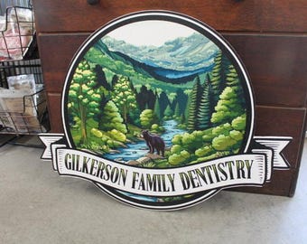 Sustainable Textured Dentist Woods Forest Bear Oval Contour Custom Made Sign Your Logo PVC All Weather Outdoor Fade Resistant Printed Color