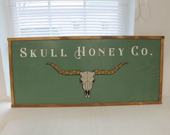 Custom Logo Skull Bull Honey Business Image Printed Raised Lettering Western Country Green Steer Wooden Handmade Decor Sign Boutique