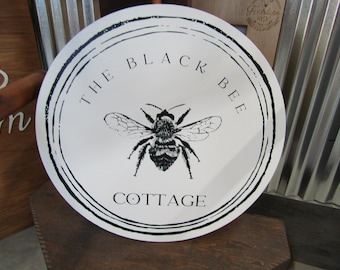Cottage Bumble Bee Printed on Wood Black and White Decor Vintage Style Minimalist Lite Weight Small Business Sign Boutique Company Wooden