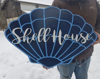 Custom Beach Wood Sign Shell Contour Ocean Nautical Sign Address Sign Raised Text Graphic 3D Large wood sign Commercial signage