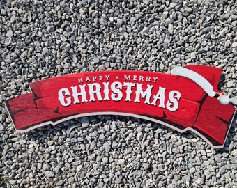 Large Merry and Happy Christmas sign banner for over the door or doorway red wood sign santa hat red and white  on rustic wood planks