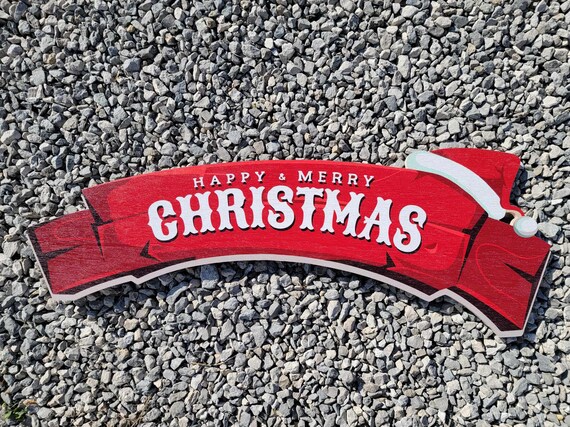 Large Merry and Happy Christmas sign banner for over the door or doorway red wood sign santa hat red and white  on rustic wood planks