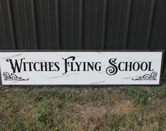 Witches Flying School Halloween Large framed 3D wood rustic Distressed white and black Sign Witchy Vibes Fly Halloween Witch Magic Brooms