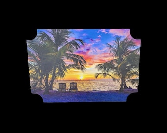 Tropical Sunset Beach Sign – Weatherproof PVC Wall Art with Palm Trees and Ocean View for Home or Outdoor Decor