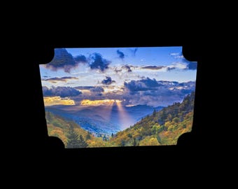 Mountain Sunrise Landscape Sign – Weatherproof PVC Wall Art with Sunbeams and Forest View for Home or Outdoor Decor