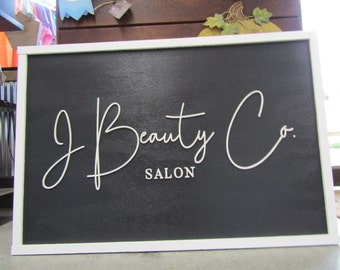 Salon Custom Wood Beauty Parlor Sign Business Signage Black and White Rectangle 3D Large Custom Indoor Outdoor Small Business Logo Laser Cut
