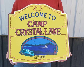 Camp Gem Welcome to Crystal Yellow Printed on Wood Decoration Prop Uv Lake Sign Giftable Horror Wooden Game Room Gift for Men Replica
