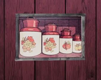 Vintage Fruit Jar Kitchen Sign – Retro Red‑Lid Canister Illustration on Rustic Wood Background for Classic Country or Cottage Home Decor
