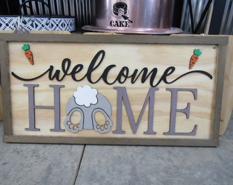 Easter Spring Welcome Home Bunny Butt Rabbit Feet Carrots Cute Decor Welcome Sign Greeting Farm Furry Friend Handmade 3D Wood Sign