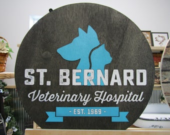 Custom Wooden Sign Round St Benard Veterinary Clinic Animal Hospital Vet Personalized Commerical Signage Raised Letters Your Logo Handmade