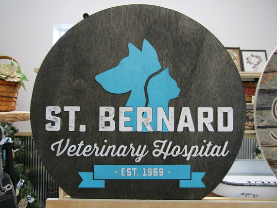 Custom Wooden Sign Round St Benard Veterinary Clinic Animal Hospital Vet Personalized Commerical Signage Raised Letters Your Logo Handmade