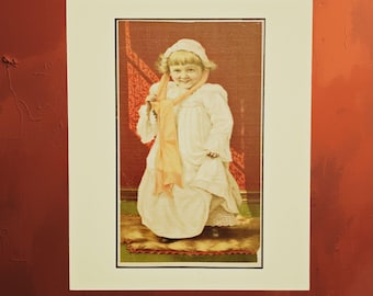 Vintage Child Portrait Art Print – Old‑Fashioned Nightgown & Scarf Illustration with Warm Tones – Classic Nostalgic Wall Decor for Home