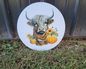 Cow Furry Highland Sign Printed Cow Lovers Porch Pumpkin Autumn Gourd PVC Weatherproof Ultraviolet Ink Doorhanger Outdoor Use