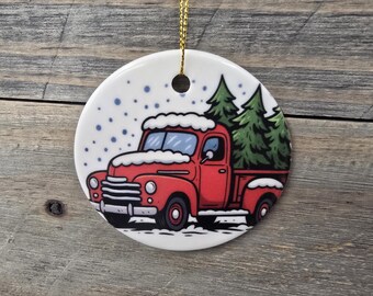 Vintage Red Truck Christmas Ornament – Rustic Holiday Decor with Tree & Snow Scene