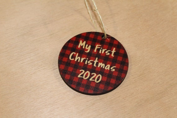 First Christmas Wood Babies Ornament Slice Red Buffalo Plaid Background Primitive Christmas Milestone Rustic Christmas Tree Wood Printed