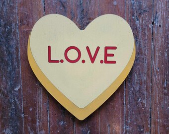 Wooden heart Yellow L.o.v.e  Candy Conversation Heart Cutout Valentines Day Gift Photography Prop Handmade Homedecor Raised 3D Sign Wall Art