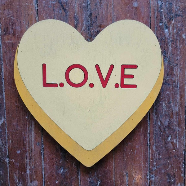 Wooden heart Yellow L.o.v.e  Candy Conversation Heart Cutout Valentines Day Gift Photography Prop Handmade Homedecor Raised 3D Sign Wall Art