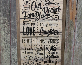 Our Family Rules Wood Sign Shiplap Wall Art Farmhouse Primitive Rustic Text Large Love Laughter Measuring Patience Kindness Recipe Text