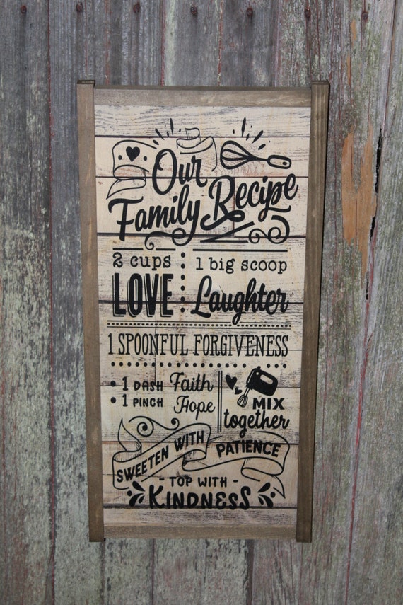 Our Family Rules Wood Sign Shiplap Wall Art Farmhouse Primitive Rustic Text Large Love Laughter Measuring Patience Kindness Recipe Text