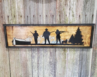 Hunting Scene 3D Hunter Bird Dog Mountain Range Silhouette Cabin Farm Rustic Sign Wood Laser Cut Out Extra Large Sign