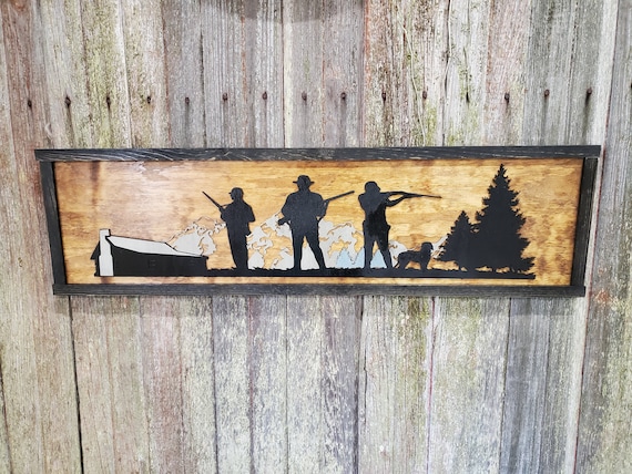 Hunting Scene 3D Hunter Bird Dog Mountain Range Silhouette Cabin Farm Rustic Sign Wood Laser Cut Out Extra Large Sign