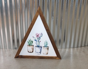 Potted Plants Cactus Desert Triangle Framed Printed Color Handmade Art Decor Wooden Sign Greenhouse Planters