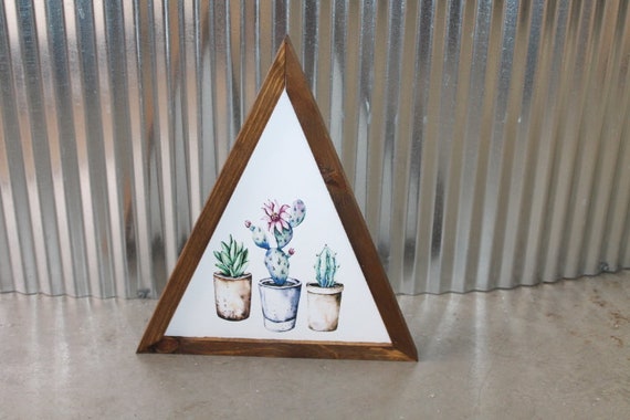 Potted Plants Cactus Desert Triangle Framed Printed Color Handmade Art Decor Wooden Sign Greenhouse Planters