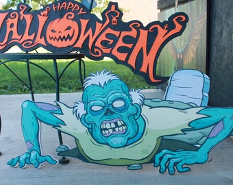 Blacklight UV Ink Zombie crawling from the ground scary happy Halloween yard decor great for trick or treat wood sign