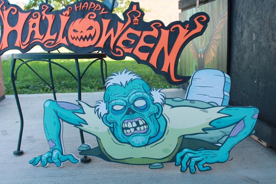 Blacklight UV Ink Zombie crawling from the ground scary happy Halloween yard decor great for trick or treat wood sign