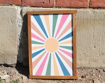Colorful Sunburst Wall Art • Modern Boho Framed Print • Retro Geometric Decor • Vibrant Sun Ray Artwork for Living Room or Entryway