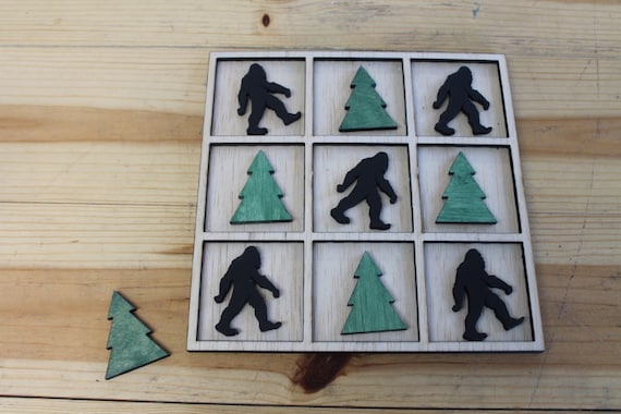 Handmade Tic Tac Toe Bigfoot Sasquatch Cabin Woods Stained Camping Cabin game Wooden Lodge Vacation Family game boardgame Laser cut engraved