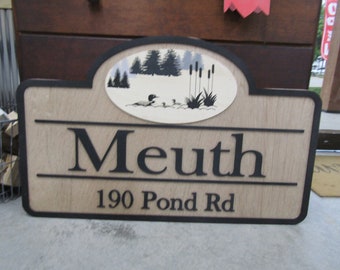 Custom Address Road Sign Private Drive Pond Duck Woodsy Pine Trees 3D Raised Contoured Shape Handmade Driveway Directional Wooden