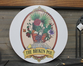 Personalized Waterproof Sign Colorful Broken Pot Garden Textured Round Circle Ready for your Business Logo Great for hanging or wall mounted