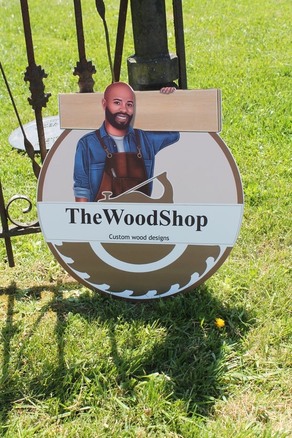 Woodshop Character Personalized Waterproof Sign Contoured Smooth Round Outdoor Ready for Business Logo Great for hanging or wall mounted