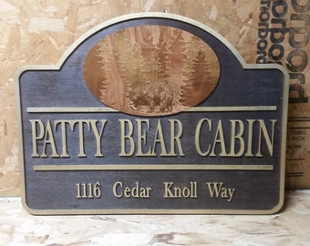 Bear Cabin Sign Vacation Rental Sign VRBO Entrance Address Sign Raised Text Engraved Detailed Business Sign Bear Forest Sign Business Logo