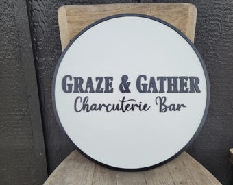 Custom Business Commercial Signage Charcuterie Bar Rustic Line Art Style Made to Order Store Front Small Shop Logo Circle Wooden Handmade