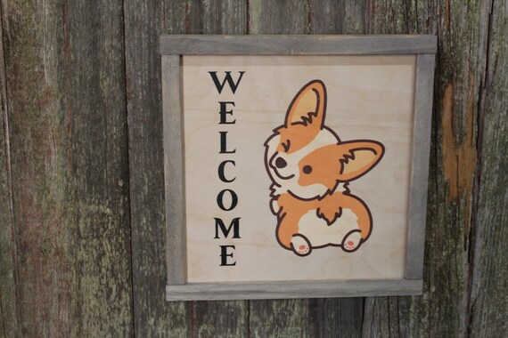 Framed Corgi Welcome Wood Sign Fluffy Butt Winking Dog Welsh Corgi Décor Print Wall Art Decoration Wall Hanging Farmhouse Rustic