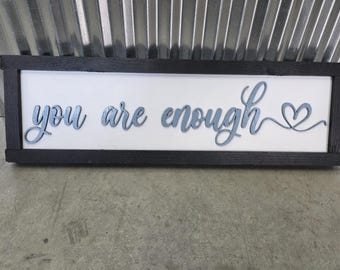 You Are Enough Wooden Wall Sign – Inspirational Quote Farmhouse Décor with Heart, Black Frame Rustic Home Accent, Raised Text, 3D, Wood