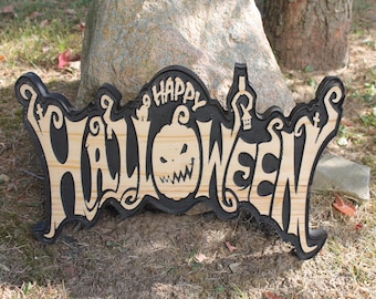 Halloween Wooden Sign: Jack O Lantern, Black Cat, Spooky Decor, Engraved, Happy Halloween, Natural Wood, Pine, Decor, Pumpkin