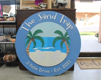 Address Sign Beach House Sand Trap Palm Trees Ocean BNB Rental Property Sign Vacation House 3D Printed Color Sign Wooden Sign Handmade