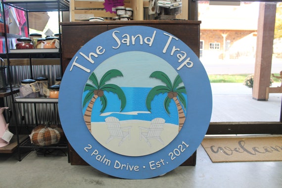 Address Sign Beach House Sand Trap Palm Trees Ocean BNB Rental Property Sign Vacation House 3D Printed Color Sign Wooden Sign Handmade