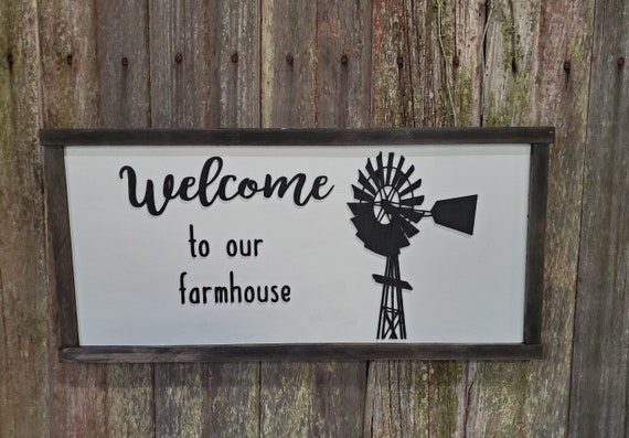 Welcome to Our Farmhouse Windmill Rustic Farmhouse Sign 3D Raised Black and White Country Framed Shabby Chic Wall Decor