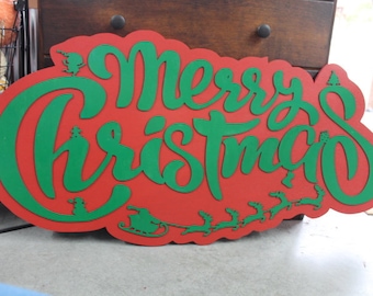 Merry Christmas Santa Elf Stocking Tree Seasonal Festive Sleigh Reindeer Wooden Decor Decoration Sign Red and Green Winter Contour