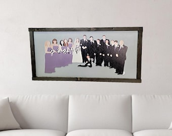 Custom Wedding Cartoon Portrait • Personalized Bride & Groom Party Sign • Faceless Wedding Party Wood Wall Art