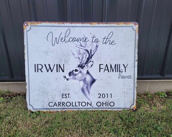 Custom Sign Printed Family Welcome Sign Deer Rustic Wood Unframed Buck Vintage Rectangle Lastname Personalized Porch