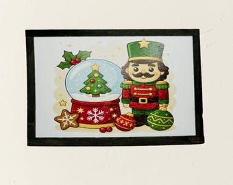 Nutcracker Christmas Art Print – Festive Snow Globe & Holiday Icons in Classic Style – Cheerful Wall Decor for Home or Seasonal Display