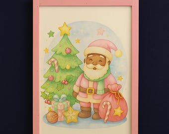 Pink Santa Christmas Sign – Festive Holiday Wall Art with Tree & Gifts